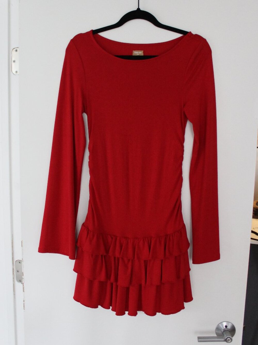 Free People "Good Feels" Ruffle Long-Sleeve Mini Dress in Bold Crimson Red